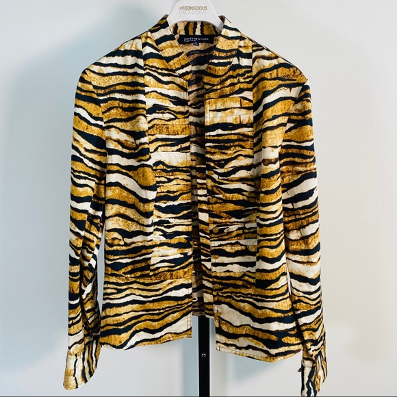 Tiger Print Pleated Front Mandarin Collar Long Sleeve Top Size M - Picture 2 of 10